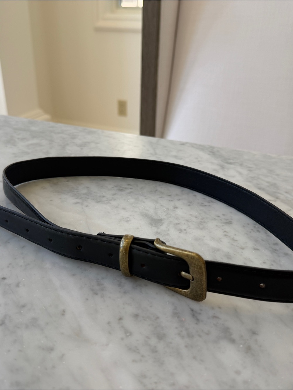 Classic black Vegan leather women’s belt with antique brass buckle M/L